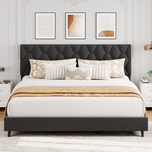 GAOMON grey king platform bed frame with adjustable upholstered headboard