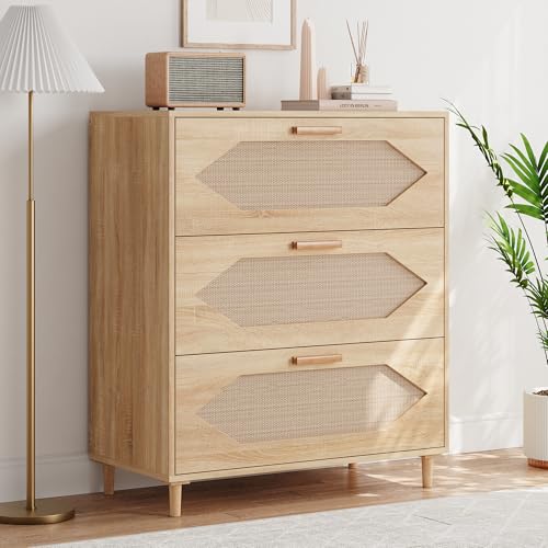 GAOMON oak 3 drawer dresser with hand-woven rattan drawer fronts