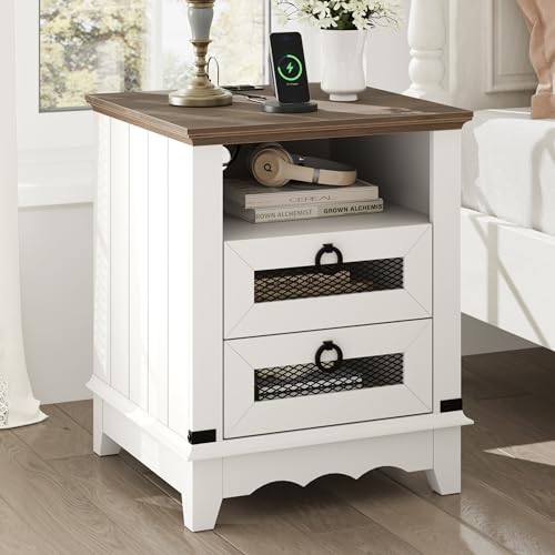 GAOMON white and brown 18 inch farmhouse nightstand with charging station